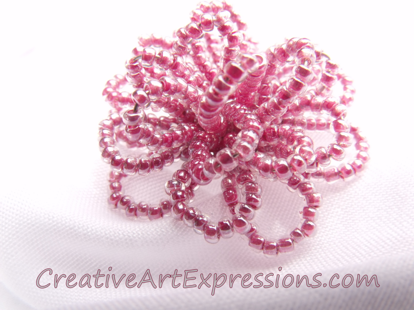 Creative Art Expressions Handmade Pink Seed Bead Flower Ring Jewelry Design